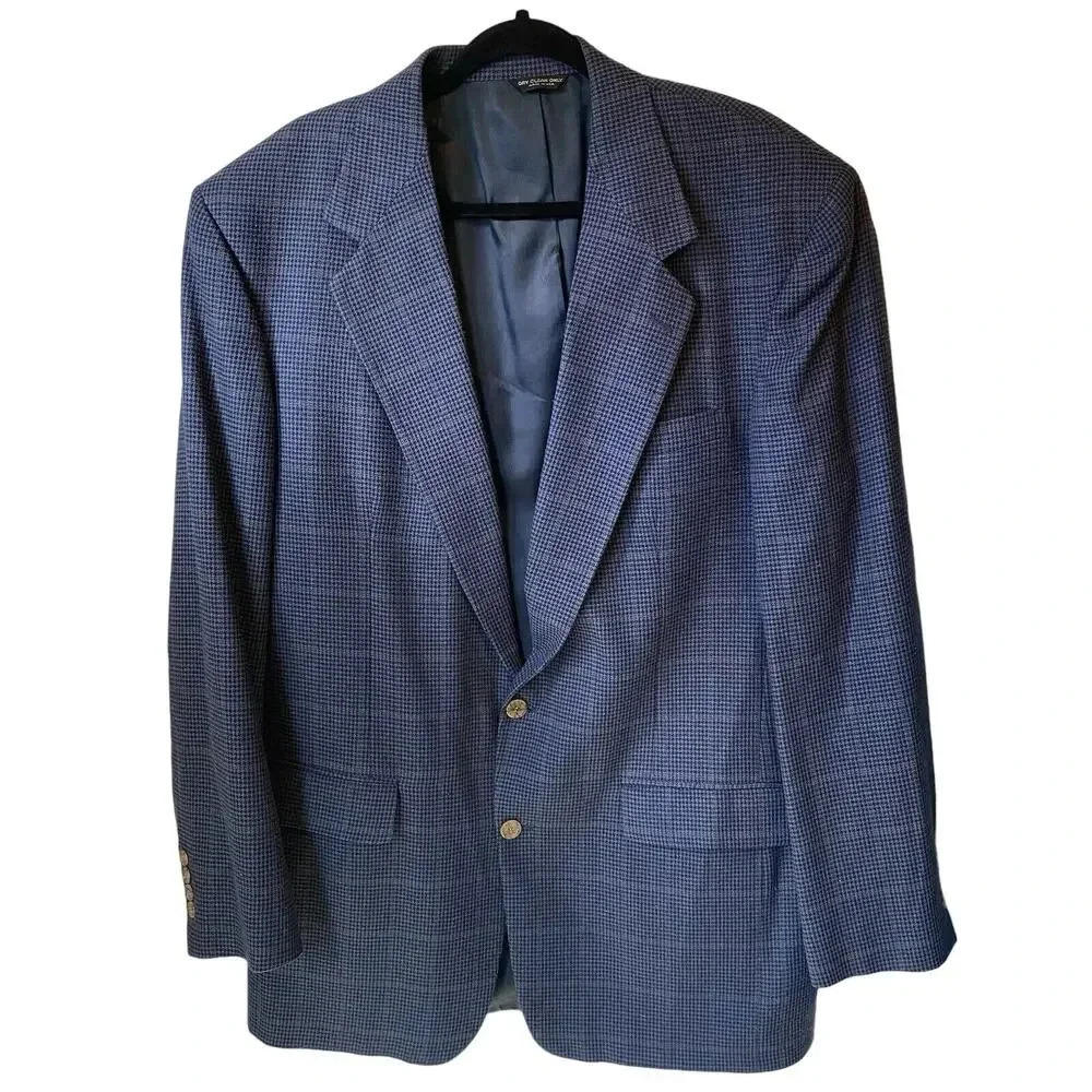 Men’s 2Button Blazer Jacket Sz 44L Pure Silk Plaid Houndstooth Blue Gray Pocket